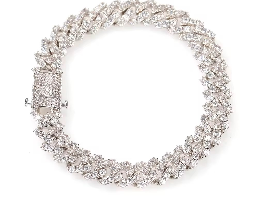 "NEW Design 9mm CZ Cuban Bracelet in silvery tone, made with premium brass and micro-insert CZ stones, featuring an intricate Cuban link pattern. Suitable for various occasions and designed for all genders."